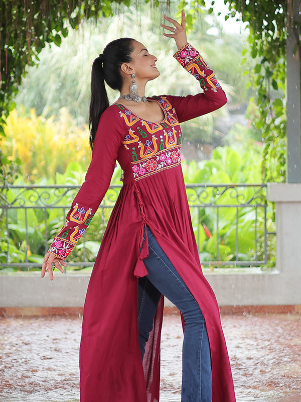 Maroon Kutchi Gamthi Work Rayon Long Kurti