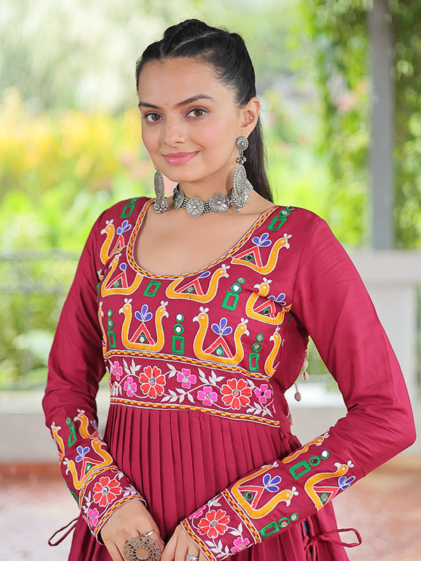 Maroon Kutchi Gamthi Work Rayon Long Kurti