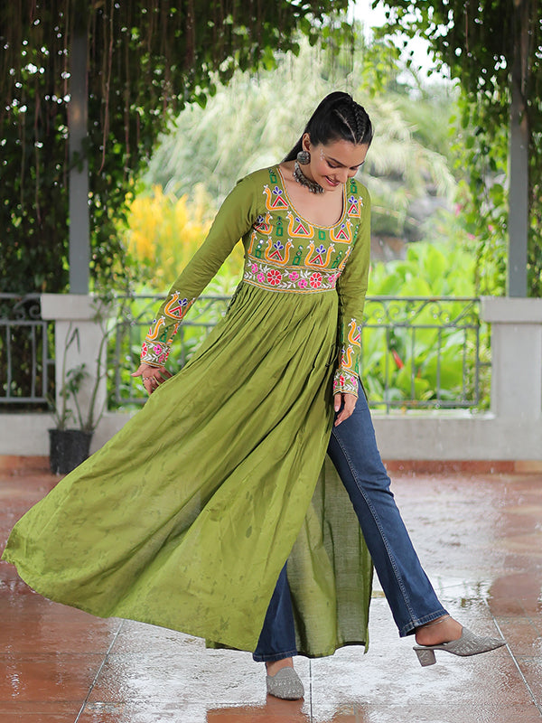 Parrot Green Kutchi Gamthi Work Rayon Long Kurti