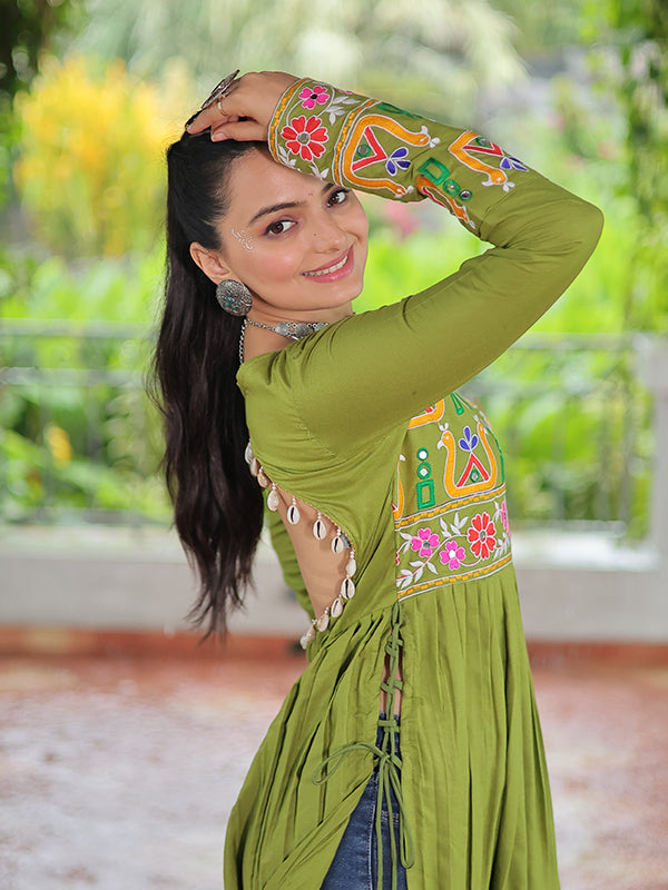 Parrot Green Kutchi Gamthi Work Rayon Long Kurti