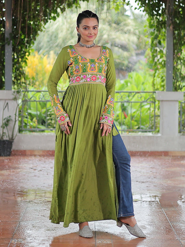 Parrot Green Kutchi Gamthi Work Rayon Long Kurti