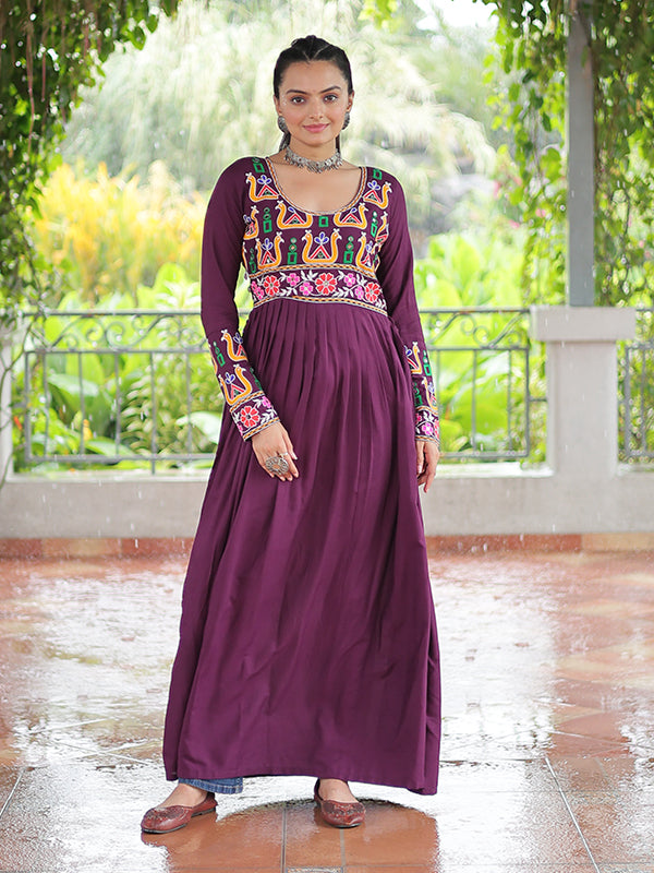 Wine Kutchi Gamthi Work Rayon Long Kurti