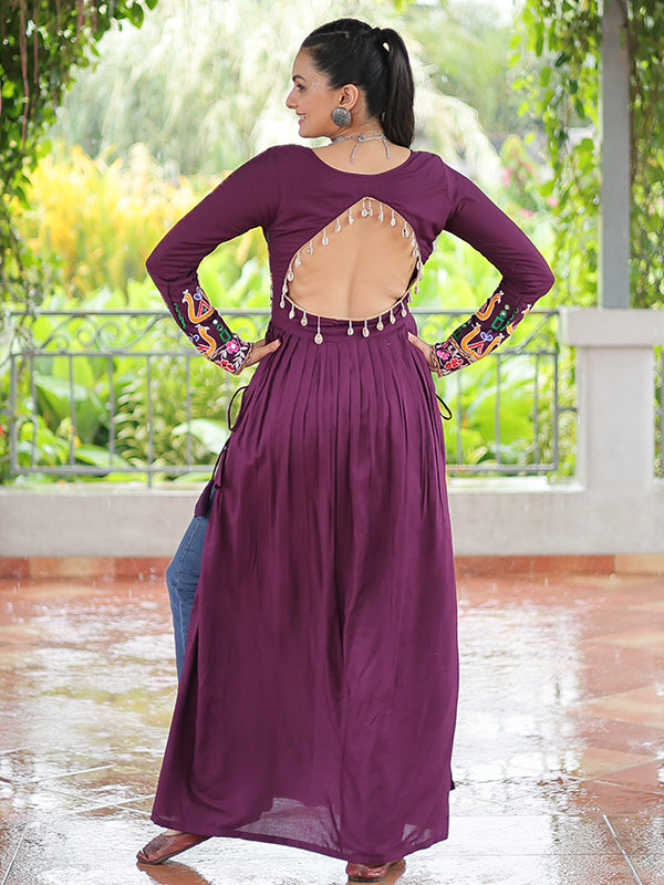 Wine Kutchi Gamthi Work Rayon Long Kurti
