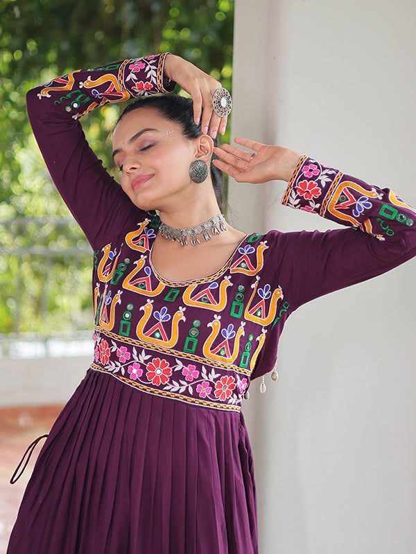 Wine Kutchi Gamthi Work Rayon Long Kurti