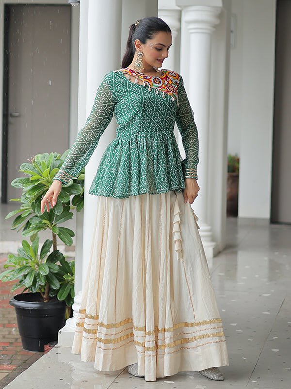 Green Bandhani Printed Kutchi Gamthi Work Top With Off White Lehenga
