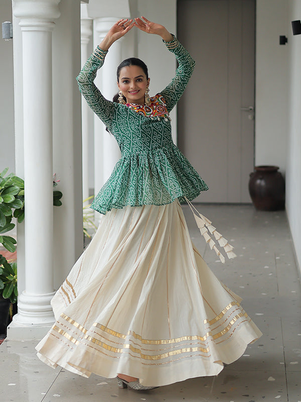 Green Bandhani Printed Kutchi Gamthi Work Top With Off White Lehenga