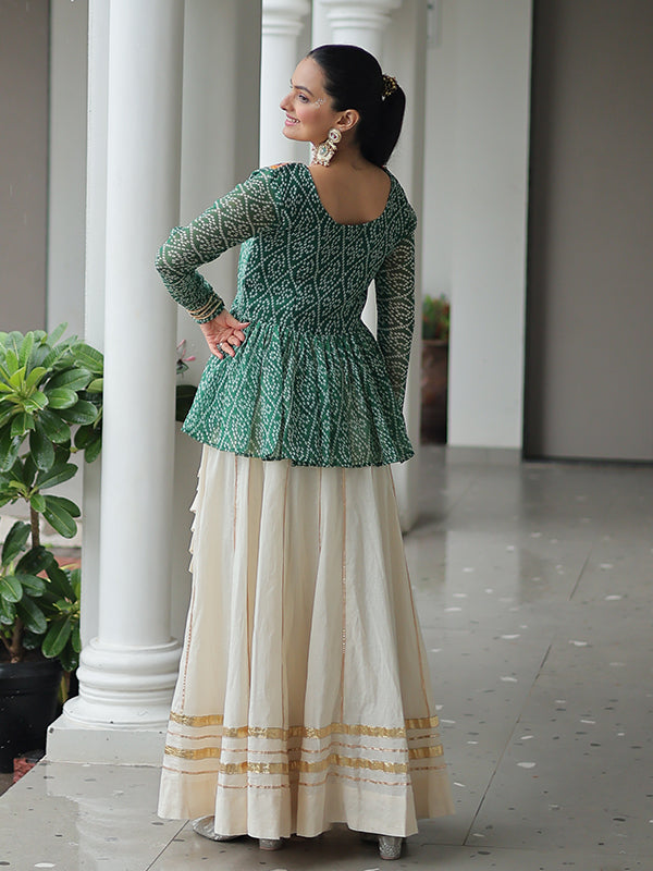 Green Bandhani Printed Kutchi Gamthi Work Top With Off White Lehenga