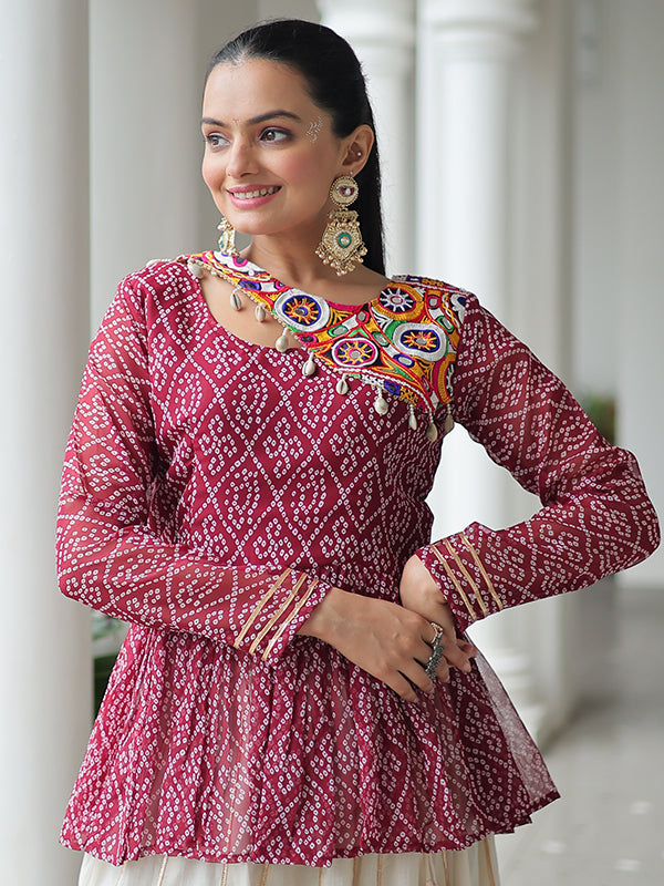 Maroon Bandhani Printed Kutchi Gamthi Work Top With Off White Lehenga
