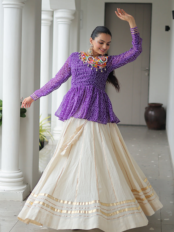 Purple Bandhani Printed Kutchi Gamthi Work Top With Off White Lehenga
