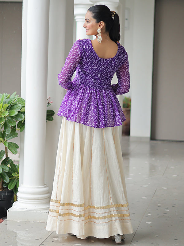 Purple Bandhani Printed Kutchi Gamthi Work Top With Off White Lehenga