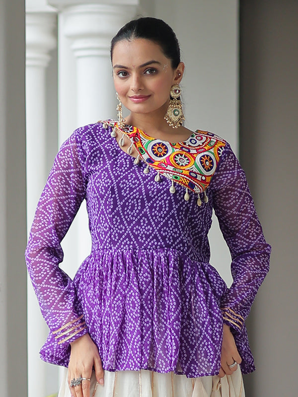 Purple Bandhani Printed Kutchi Gamthi Work Top With Off White Lehenga