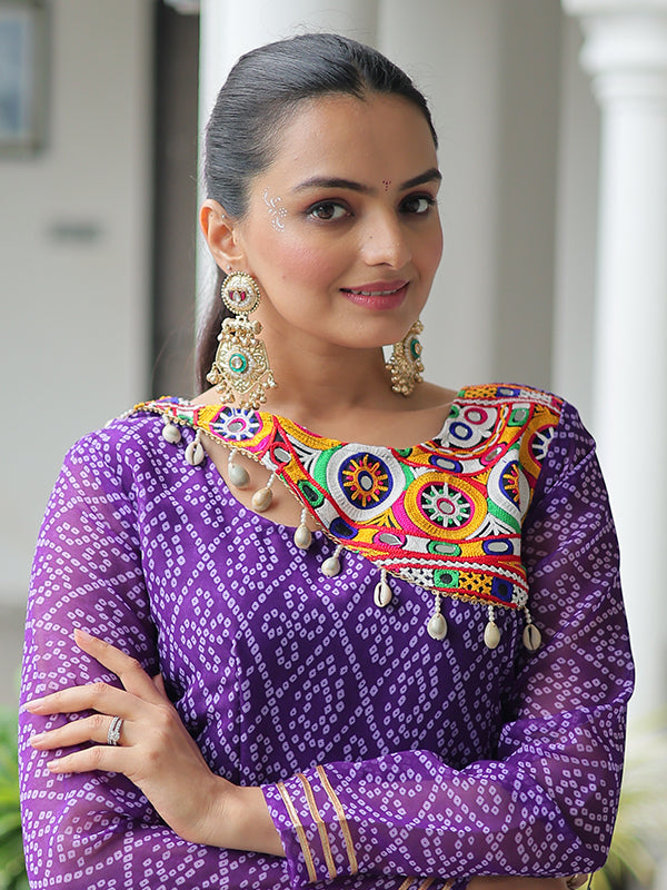 Purple Bandhani Printed Kutchi Gamthi Work Top With Off White Lehenga
