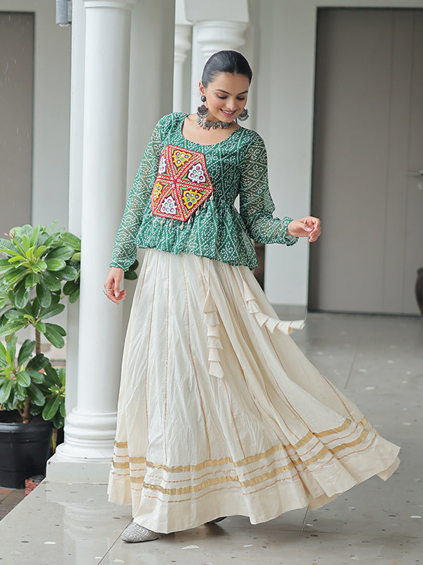 Green Bandhani Printed Kutchi Gamthi Work Top With Off White Cotton Lehenga