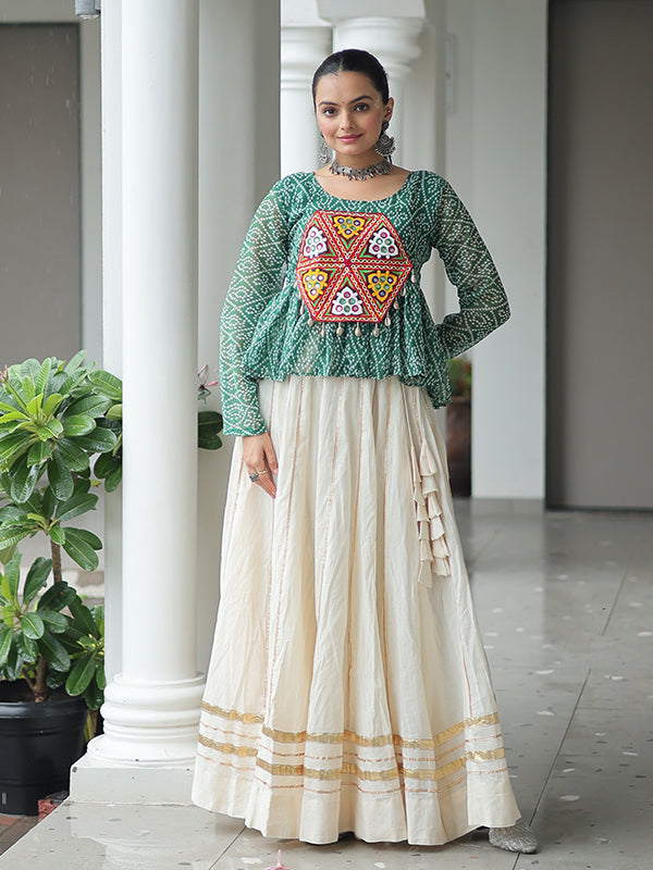 Green Bandhani Printed Kutchi Gamthi Work Top With Off White Cotton Lehenga