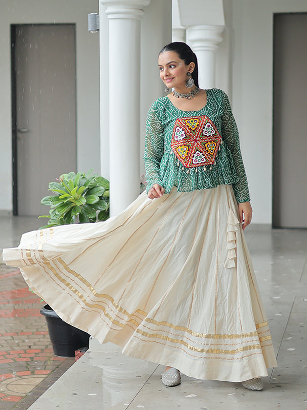 Green Bandhani Printed Kutchi Gamthi Work Top With Off White Cotton Lehenga