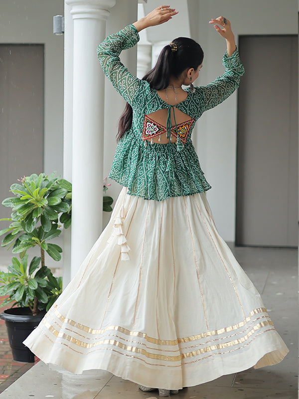 Green Bandhani Printed Kutchi Gamthi Work Top With Off White Cotton Lehenga