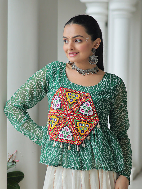 Green Bandhani Printed Kutchi Gamthi Work Top With Off White Cotton Lehenga