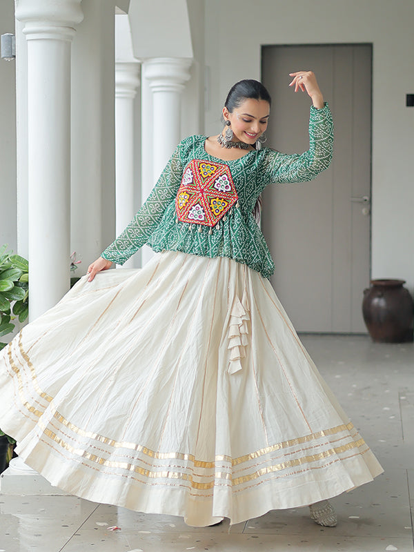Green Bandhani Printed Kutchi Gamthi Work Top With Off White Cotton Lehenga