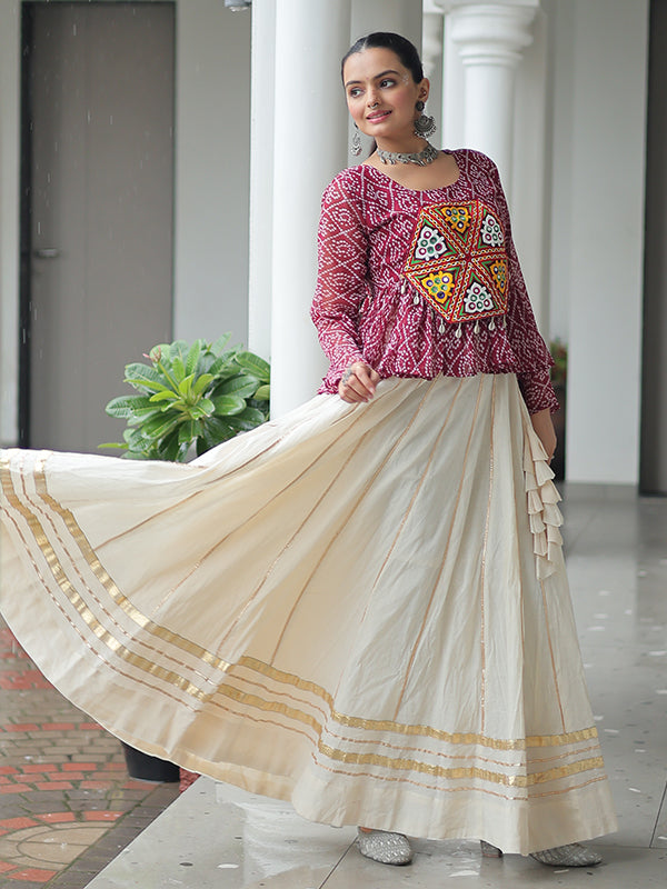 Maroon Bandhani Printed Kutchi Gamthi Work Top With Off White Cotton Lehenga