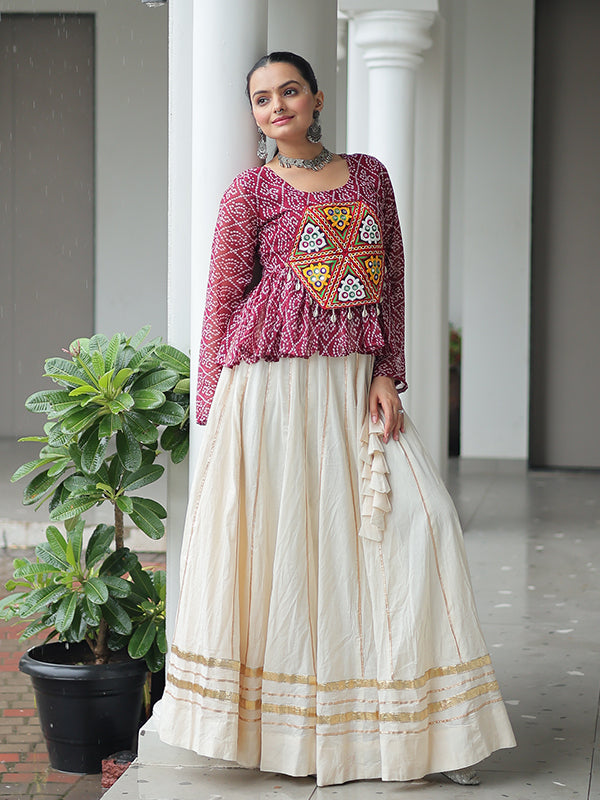Maroon Bandhani Printed Kutchi Gamthi Work Top With Off White Cotton Lehenga