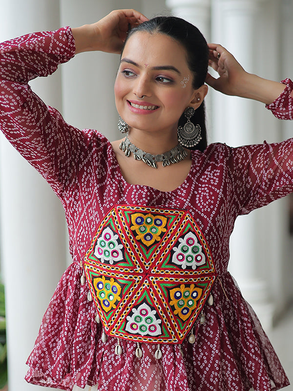 Maroon Bandhani Printed Kutchi Gamthi Work Top With Off White Cotton Lehenga