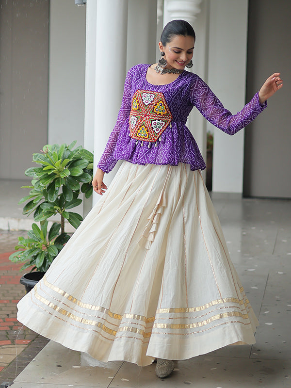 Purple Bandhani Printed Kutchi Gamthi Work Top With Off White Cotton Lehenga