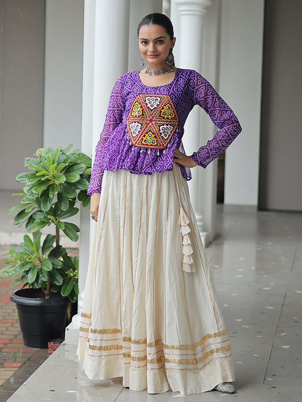 Purple Bandhani Printed Kutchi Gamthi Work Top With Off White Cotton Lehenga
