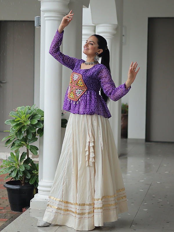 Purple Bandhani Printed Kutchi Gamthi Work Top With Off White Cotton Lehenga