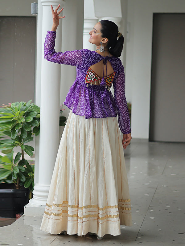 Purple Bandhani Printed Kutchi Gamthi Work Top With Off White Cotton Lehenga