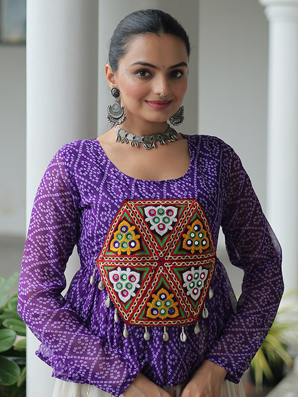 Purple Bandhani Printed Kutchi Gamthi Work Top With Off White Cotton Lehenga