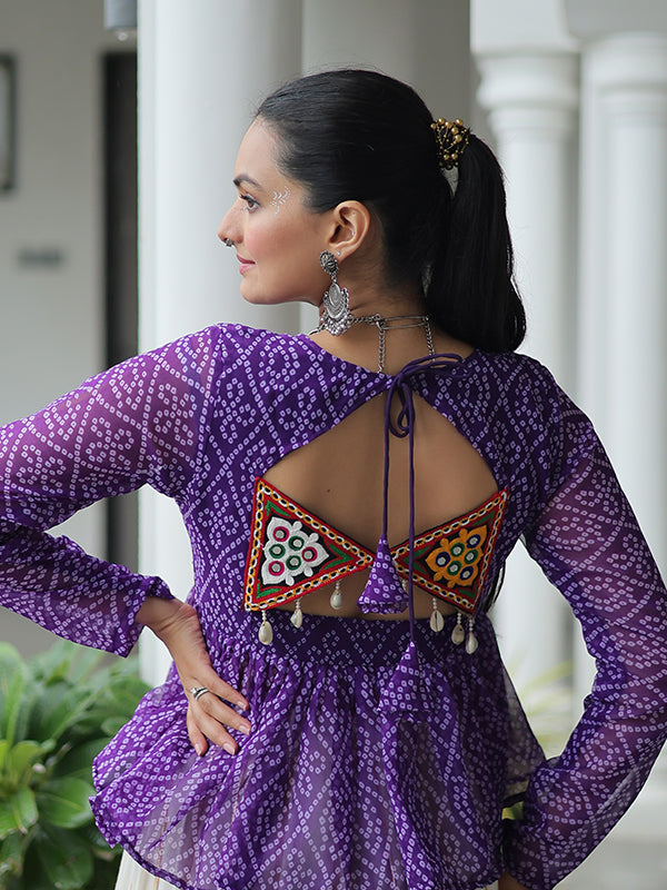 Purple Bandhani Printed Kutchi Gamthi Work Top With Off White Cotton Lehenga