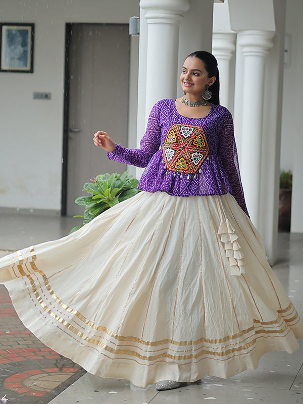 Purple Bandhani Printed Kutchi Gamthi Work Top With Off White Cotton Lehenga