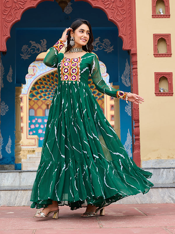 Green Kutchi Patch Work Laheriya Print Georgette Gown
