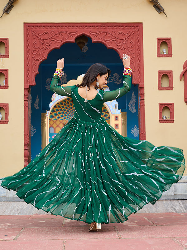 Green Kutchi Patch Work Laheriya Print Georgette Gown