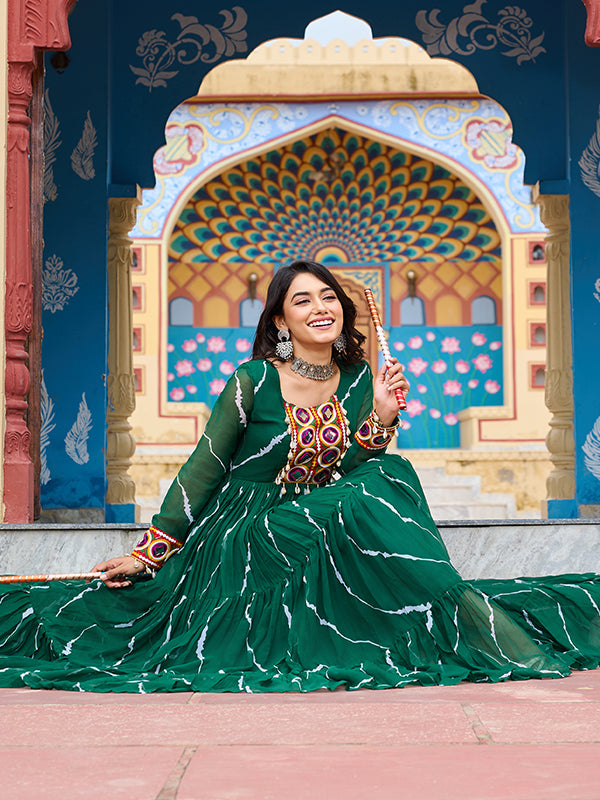 Green Kutchi Patch Work Laheriya Print Georgette Gown
