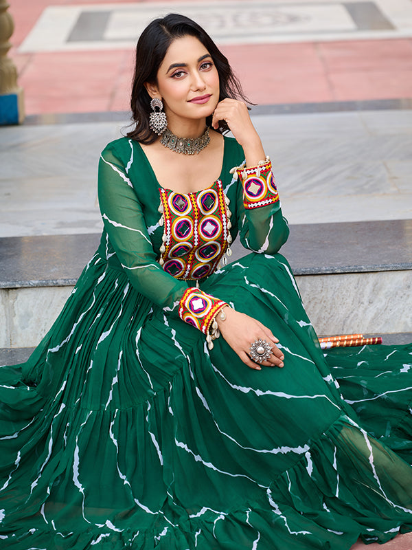 Green Kutchi Patch Work Laheriya Print Georgette Gown