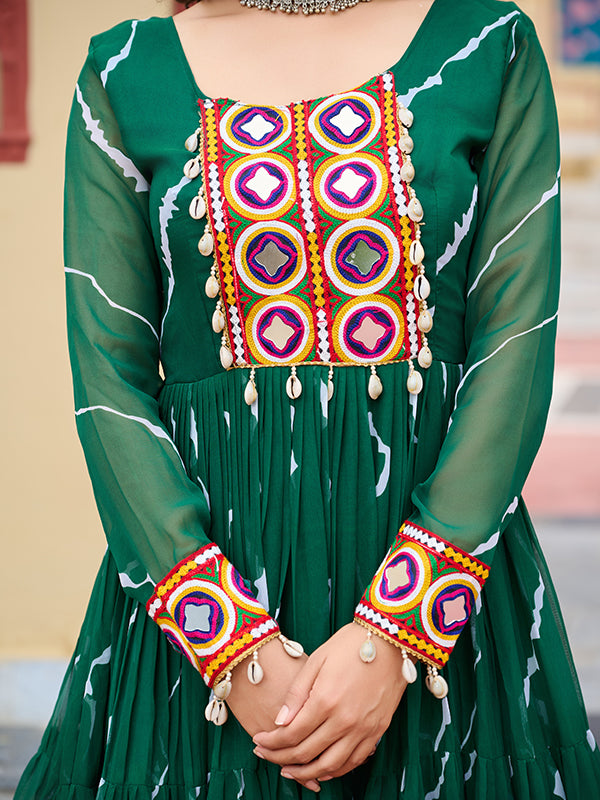 Green Kutchi Patch Work Laheriya Print Georgette Gown