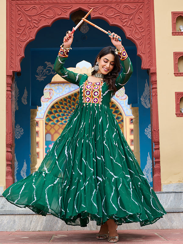 Green Kutchi Patch Work Laheriya Print Georgette Gown