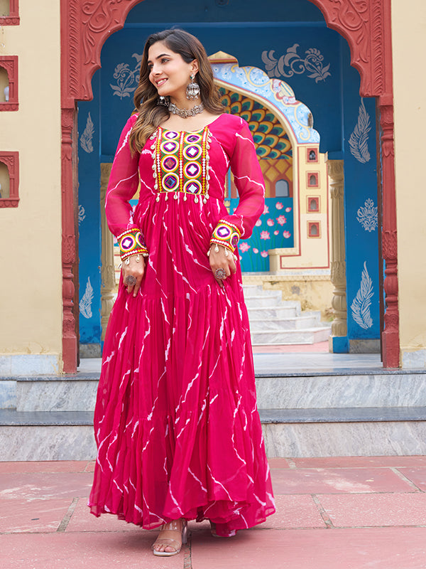 Pink Kutchi Patch Work Laheriya Print Georgette Gown