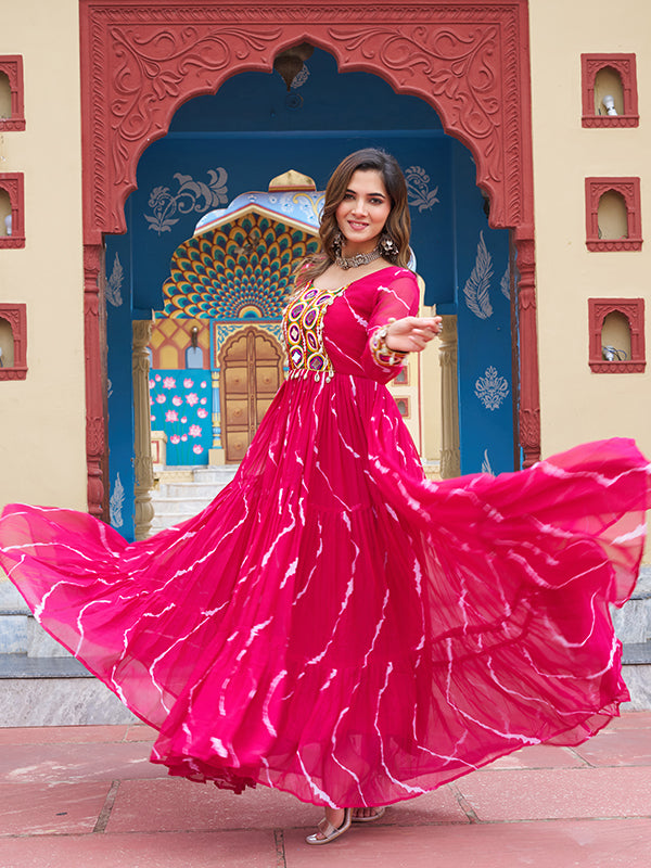 Pink Kutchi Patch Work Laheriya Print Georgette Gown