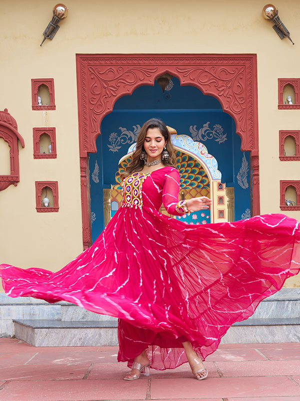 Pink Kutchi Patch Work Laheriya Print Georgette Gown