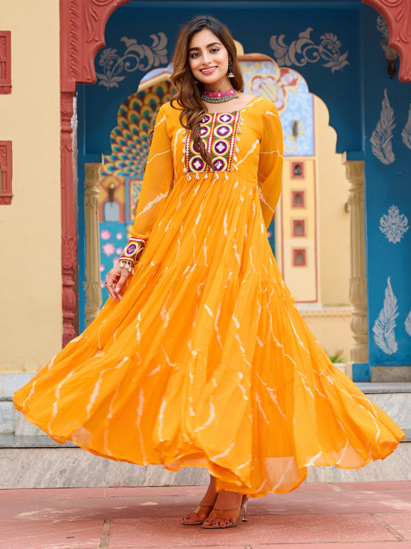 Yellow Kutchi Patch Work Laheriya Print Georgette Gown