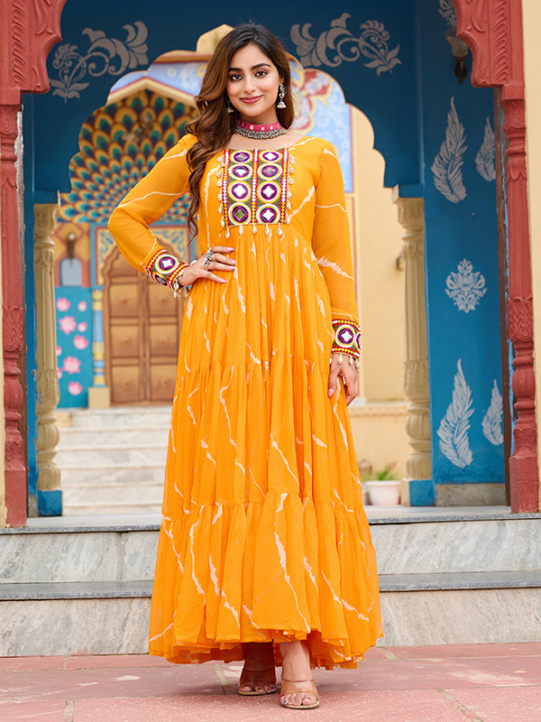 Yellow Kutchi Patch Work Laheriya Print Georgette Gown