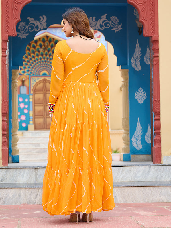 Yellow Kutchi Patch Work Laheriya Print Georgette Gown
