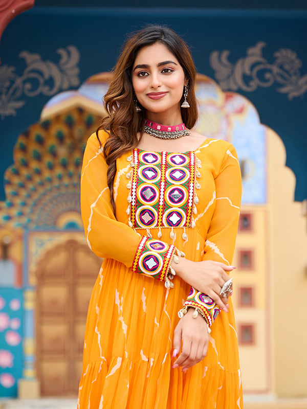 Yellow Kutchi Patch Work Laheriya Print Georgette Gown