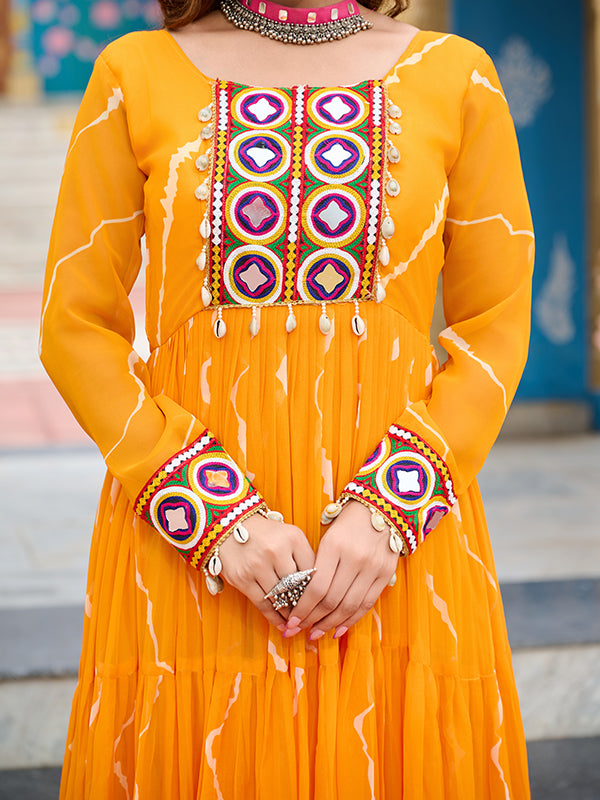 Yellow Kutchi Patch Work Laheriya Print Georgette Gown