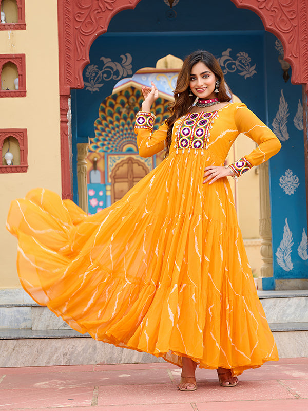 Yellow Kutchi Patch Work Laheriya Print Georgette Gown