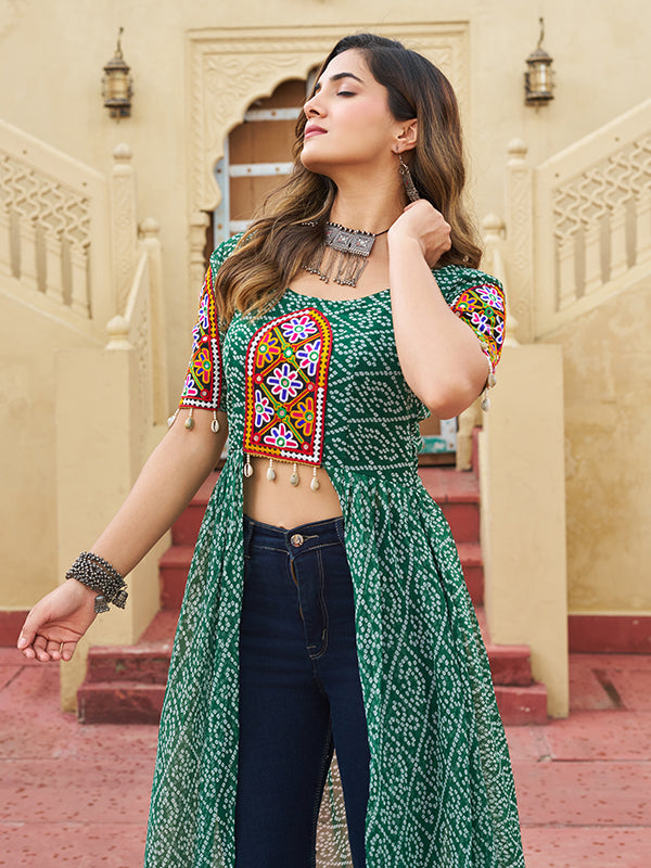 Green Bandhani Print Kutchi Patchwork Front Open Long Kurti