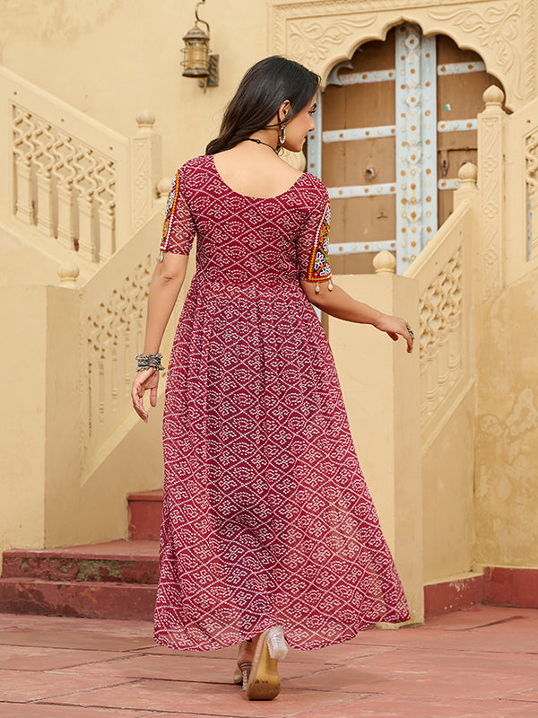 Maroon Bandhani Print Kutchi Patchwork Front Open Long Kurti