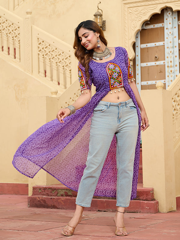 Purple Bandhani Print Kutchi Patchwork Front Open Long Kurti
